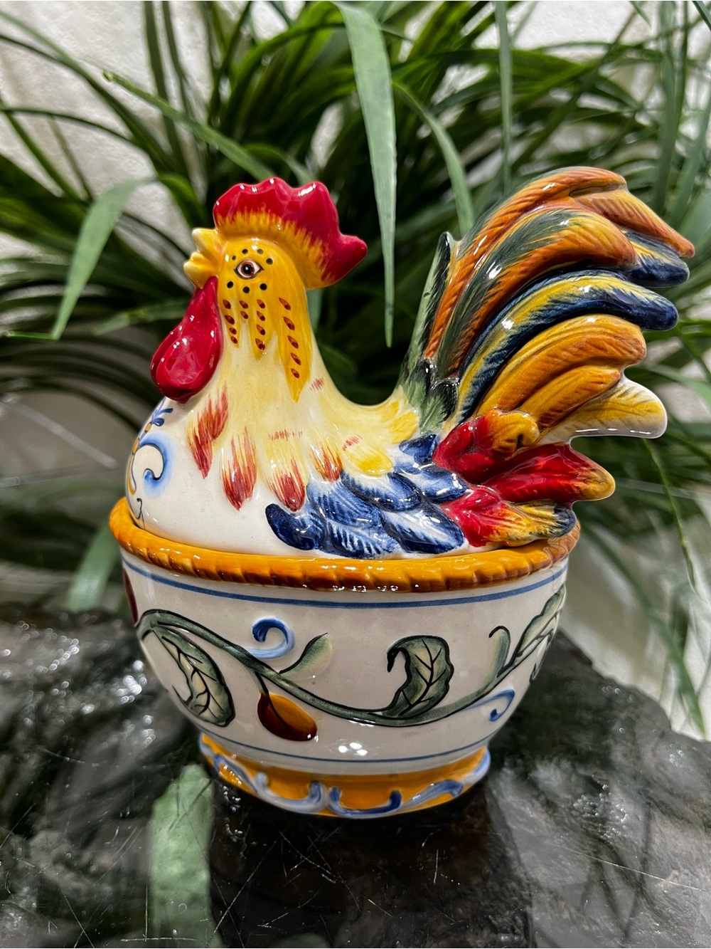 Fitz & Floyd Ricamo Hand Painted Rooster Condiment/Sugar Bowl